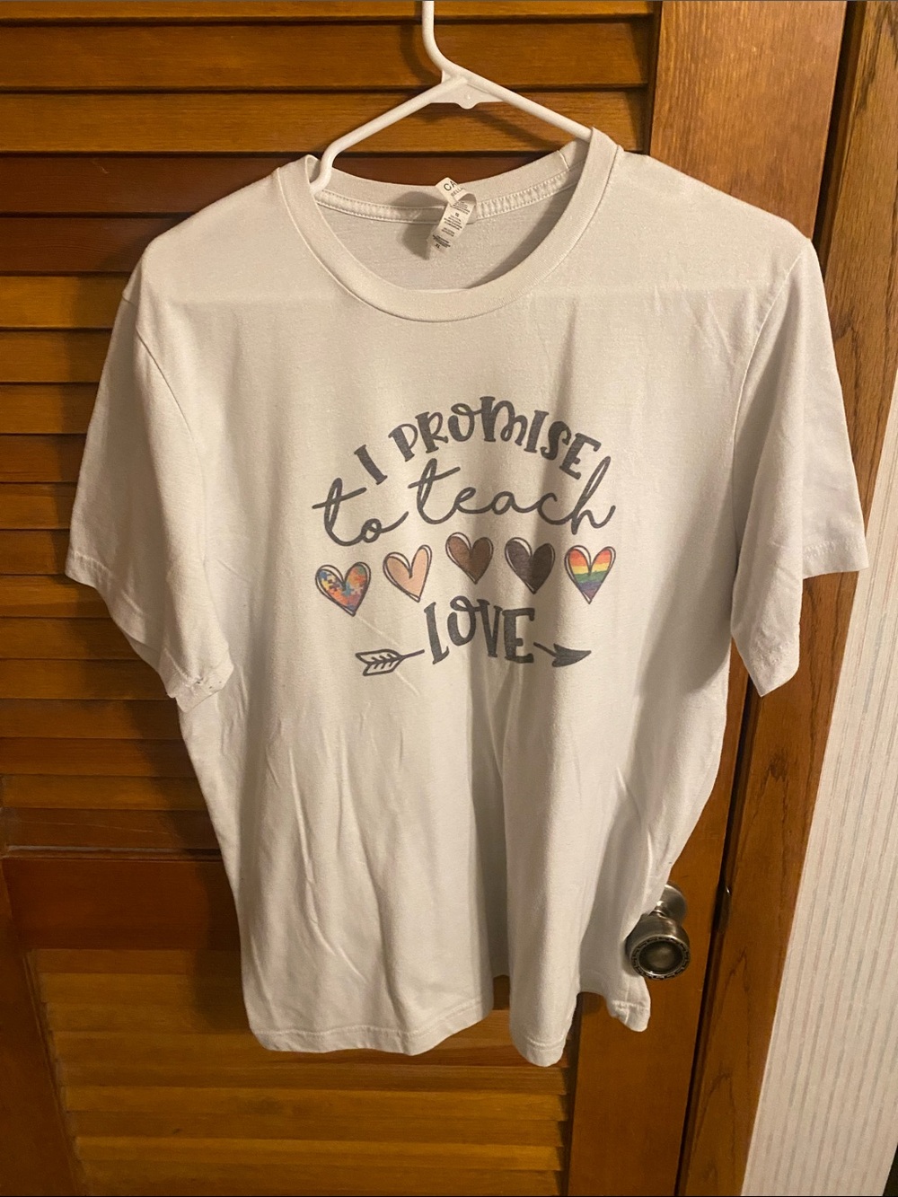 Bella Canvas White Short Sleeve Tee with Multicolor Heart Accents